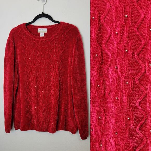ALFRED DUNNER Red Studded Cable Knit Chenille Sweater Christmas Plus Size 1X - Picture 1 of 10